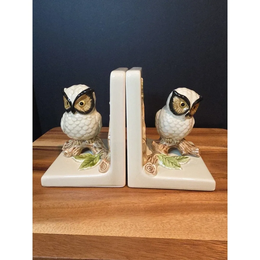Vintage Owl Log Branch Leaf Bookends Otagiri OMC Japan EUC